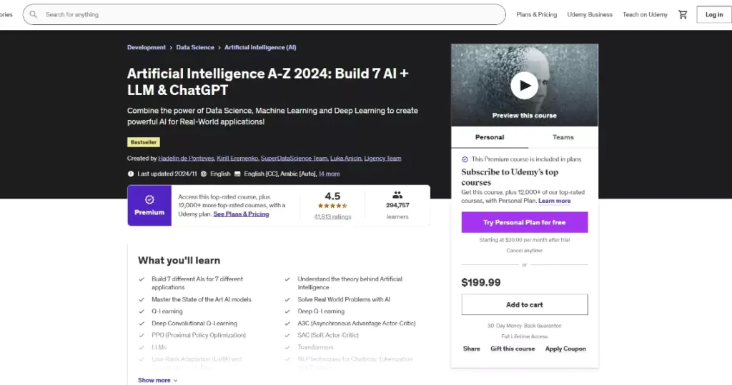 Artificial Intelligence A-Z 2024: Build 7 AI + LLM & ChatGPT